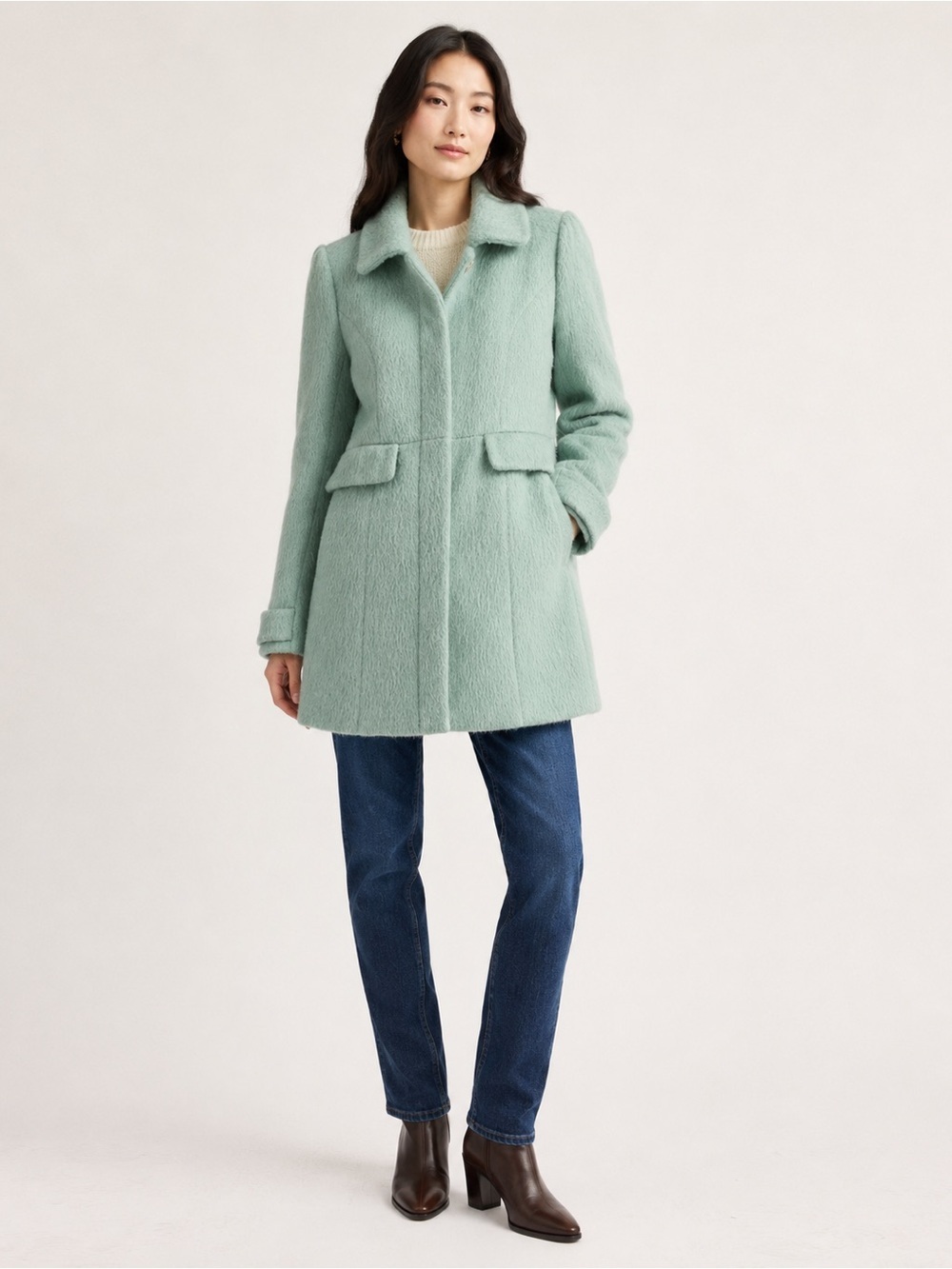 ModCloth Mint Green Fuzzy Textured Coat Retro Peacoat XS